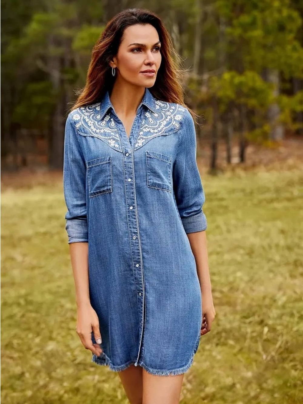 Reba Tencel Blue Denim Embroidered Western Pearl Snap Shirt Dress Frayed Hem XS